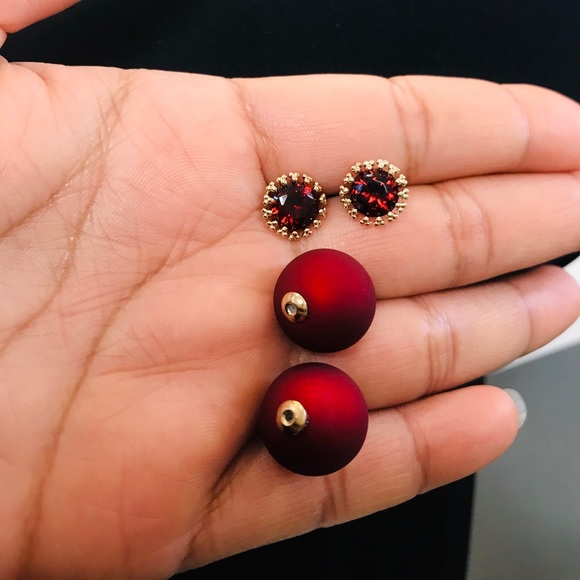 Red Artificial Zircon Spherical Ball Stud Earrings - Picture 3 of 5